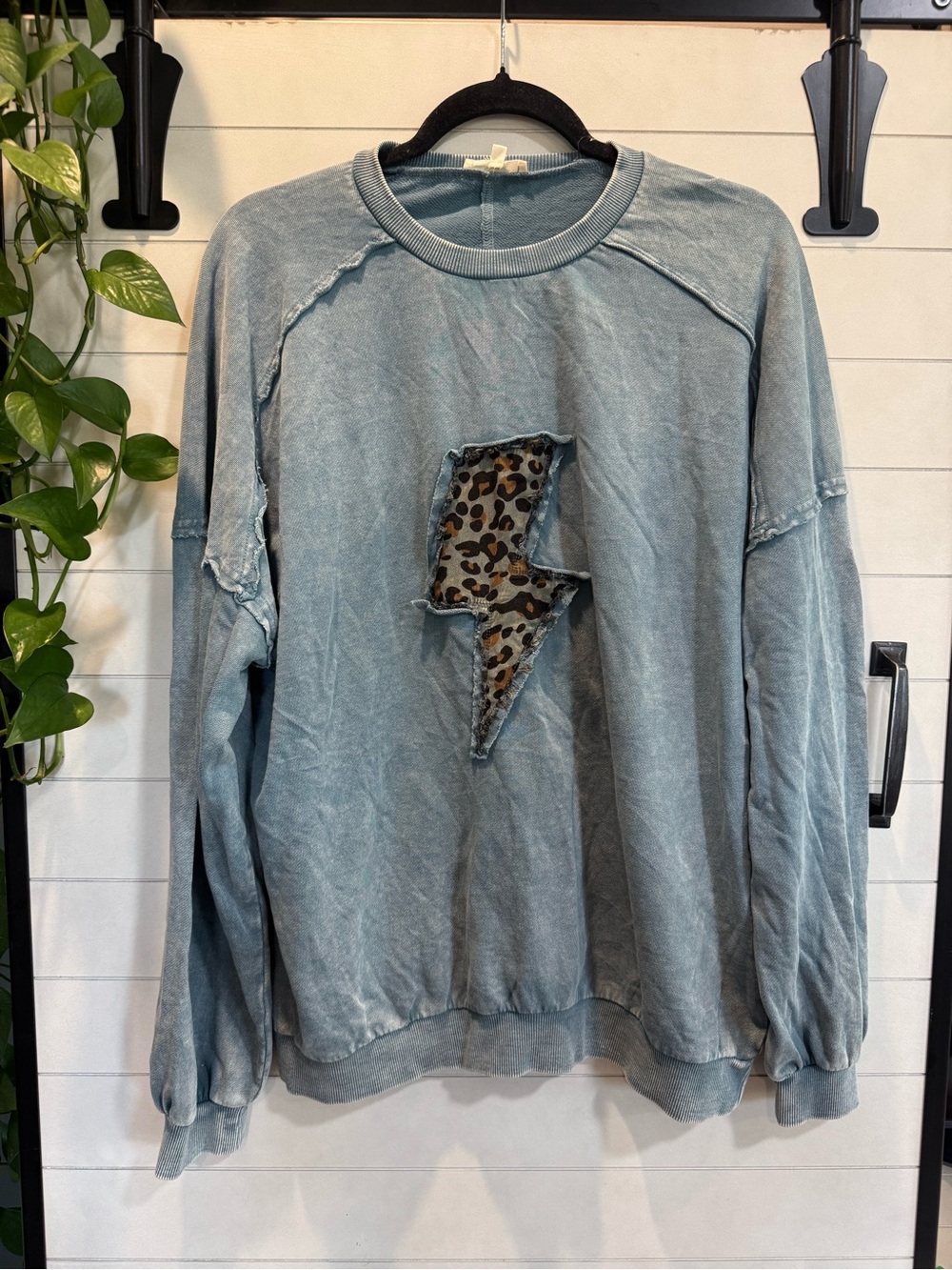 easel Washed Blue Crewneck Sweater with Leopard Lightning Patch